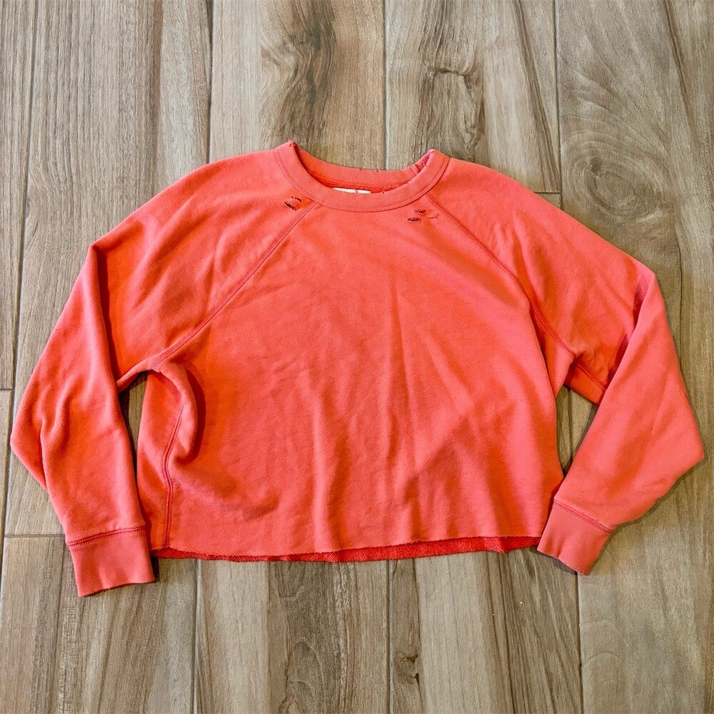 Aerie Cropped Distressed Crewneck Sweatshirt Womens Size M Coral Orange